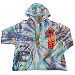 Womens Blue Jurassic Park Tie Dye Hooded Pullover Cropped Hoodie Size Large